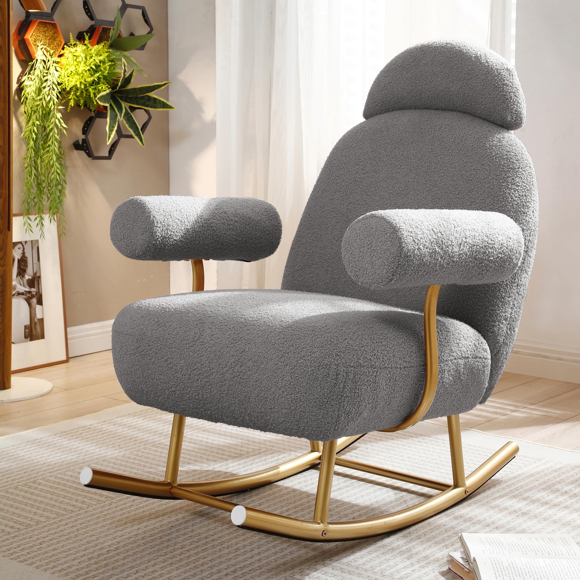 Tmosi Nursery Rocking Chair Sherpa Upholstered Glider Rocker, with Adjustable Headrest and Round Armrests, Leisure Glider Chair for Living Room, Bedroom (Grey)