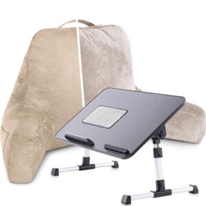 husband pillow combo - backrest pillow with arms : standard cowboy taupe & lap desk bed tray : pink - aspen memory foam reading pillows for bed & laptop bed tray table