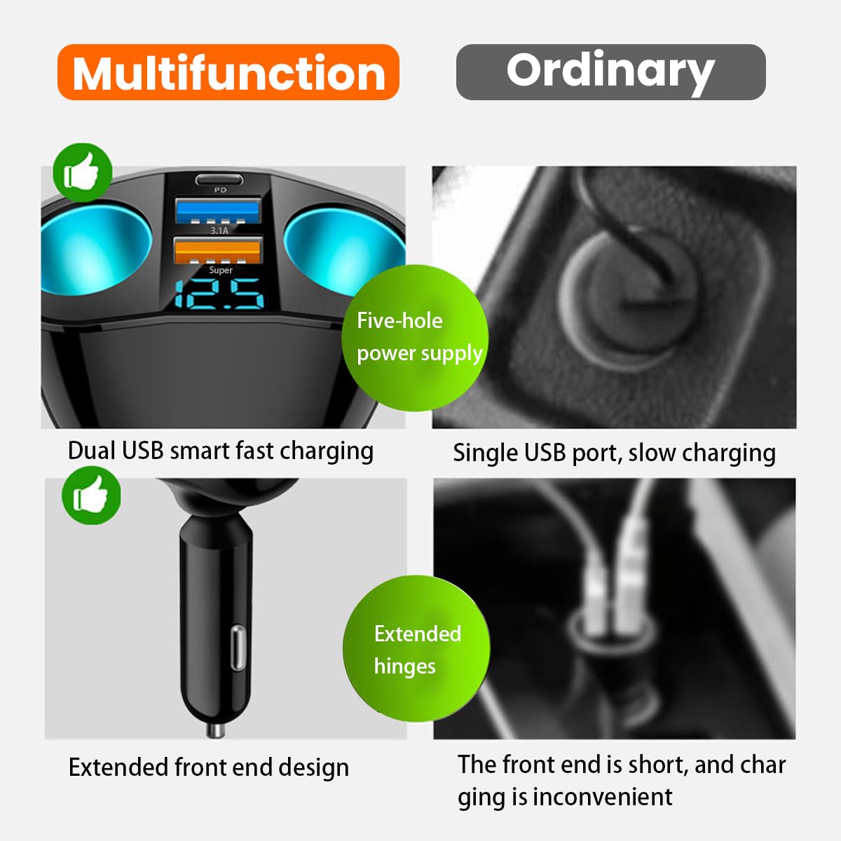 Moioee Cigarette Lighter Splitter, USB 2.4A & QC3.0 Type C with 2 Socket Cigarette Lighter Adapter, 12V/24V 120W Car Charger Splitter for GPS Dash Cam Laptop Cell Phone iPhone 14/13/12/11 (A+C 66W)