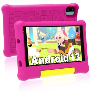 maxsignage 7" android 13 kids tablet, ages 3-7 tablet for kids, quad-core, shockproof case & stand, 32gb storage, hd display with 2mp camera, extended battery, parental controls, learning & play