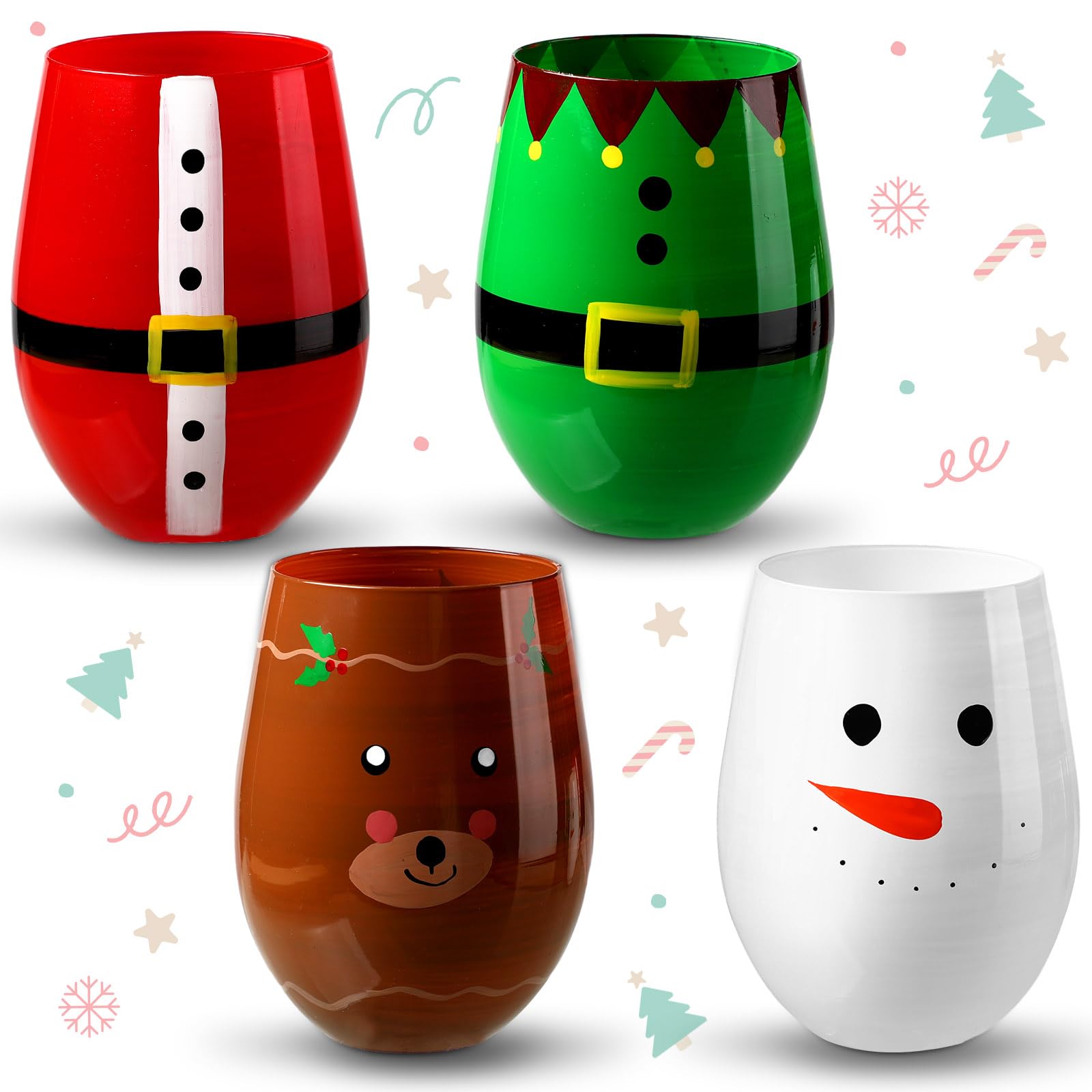 4 Pcs Christmas Stemless Wine Glasses Set Christmas Party Decoration Christmas Wine Glasses 17oz Santa Elf Snowman Elk Wine Glasses Set Christmas Gift Holidays Christmas Birthday Holiday Party Supply