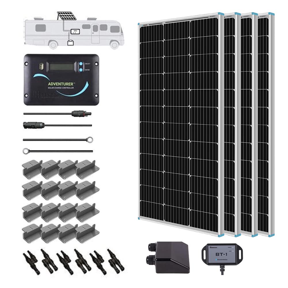 Renogy 400 Watts 12 Volts Monocrystalline Solar RV Kit Off-Grid Kit with Adventurer 30A PWM LCD Charge Controller+ Mounting Brackets+ Male & 2000W Pure Sine Wave Inverter 12V DC to 120V AC Converter