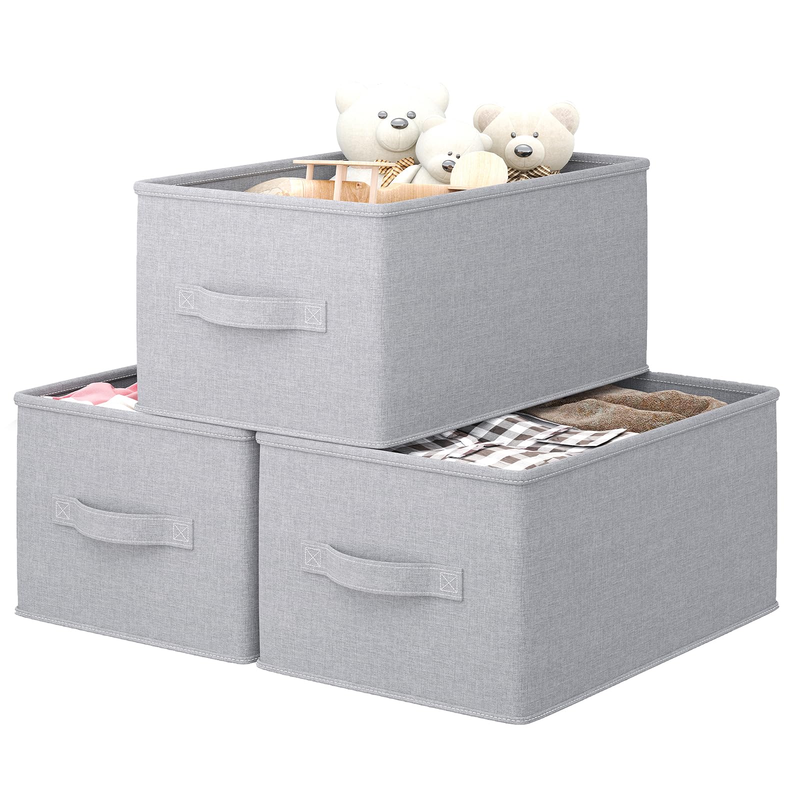 LayerSpace 3 Pack Jumbo Fabric Storage Bins for Shelves | 16.93x12x8.27in Closet Storage Bins | Collapsible Storage Bins for Organization | Linen Clothes Storage Bins | Light Gray