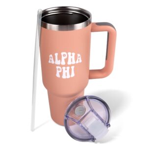 sorority shop alpha phi 40oz tumbler with handle - best friend tumblers for women - cute sorority engraved tumbler - insulated tumblers to keep your drinks cold or hot for hours