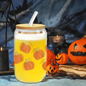 Lovearth Halloween Cups, Pumpkin Decor, Pumpkin Glass Cup, Pumpkin Fall Decor, 16oz Glass Cups w/Lids & Straws, Halloween Pumpkin Iced Coffee Cup, Cute Halloween Gifts for Women, Teens, Girls