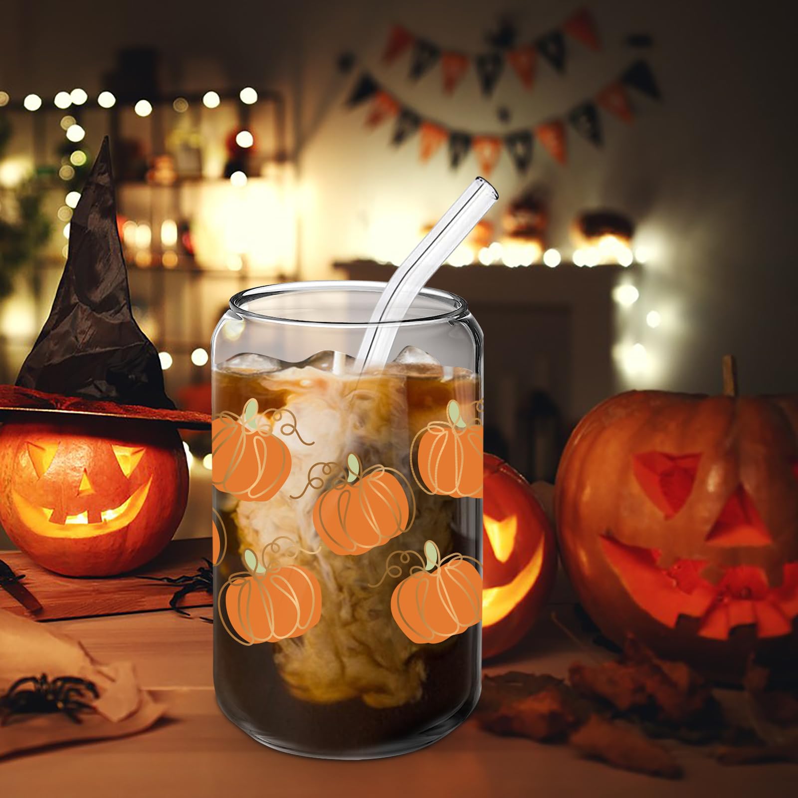 Lovearth Halloween Cups, Pumpkin Decor, Pumpkin Glass Cup, Pumpkin Fall Decor, 16oz Glass Cups w/Lids & Straws, Halloween Pumpkin Iced Coffee Cup, Cute Halloween Gifts for Women, Teens, Girls