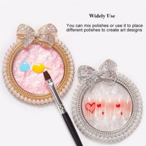 ForSewian Resin Nail Art Palette, Nail Art Painting Mixed Color Palette, Bow Decorated with Rhinestones and Pearls Nail Art Display Board (Golden)