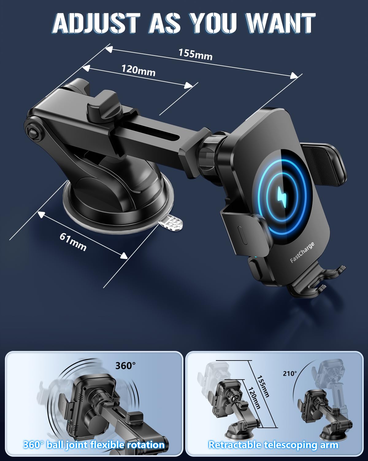 Wireless Car Charger, Fast Charging Phone Holder BothLin 3 in 1 Phone Mount Auto Clamping Car Accessories Compatible with iPhone 15 14 13 12 11 Xs XR, Samsung S23 Ultra S22 S21 S20/S10+ S9+ Note 9