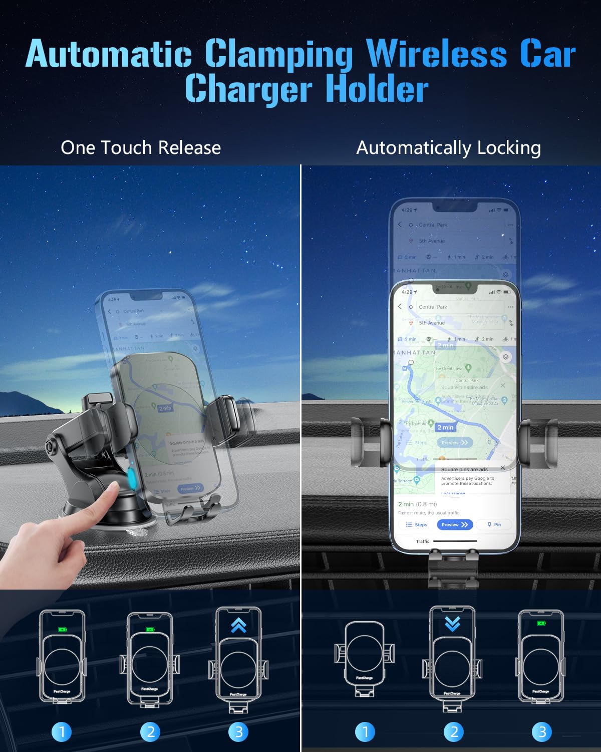 Wireless Car Charger, Fast Charging Phone Holder BothLin 3 in 1 Phone Mount Auto Clamping Car Accessories Compatible with iPhone 15 14 13 12 11 Xs XR, Samsung S23 Ultra S22 S21 S20/S10+ S9+ Note 9