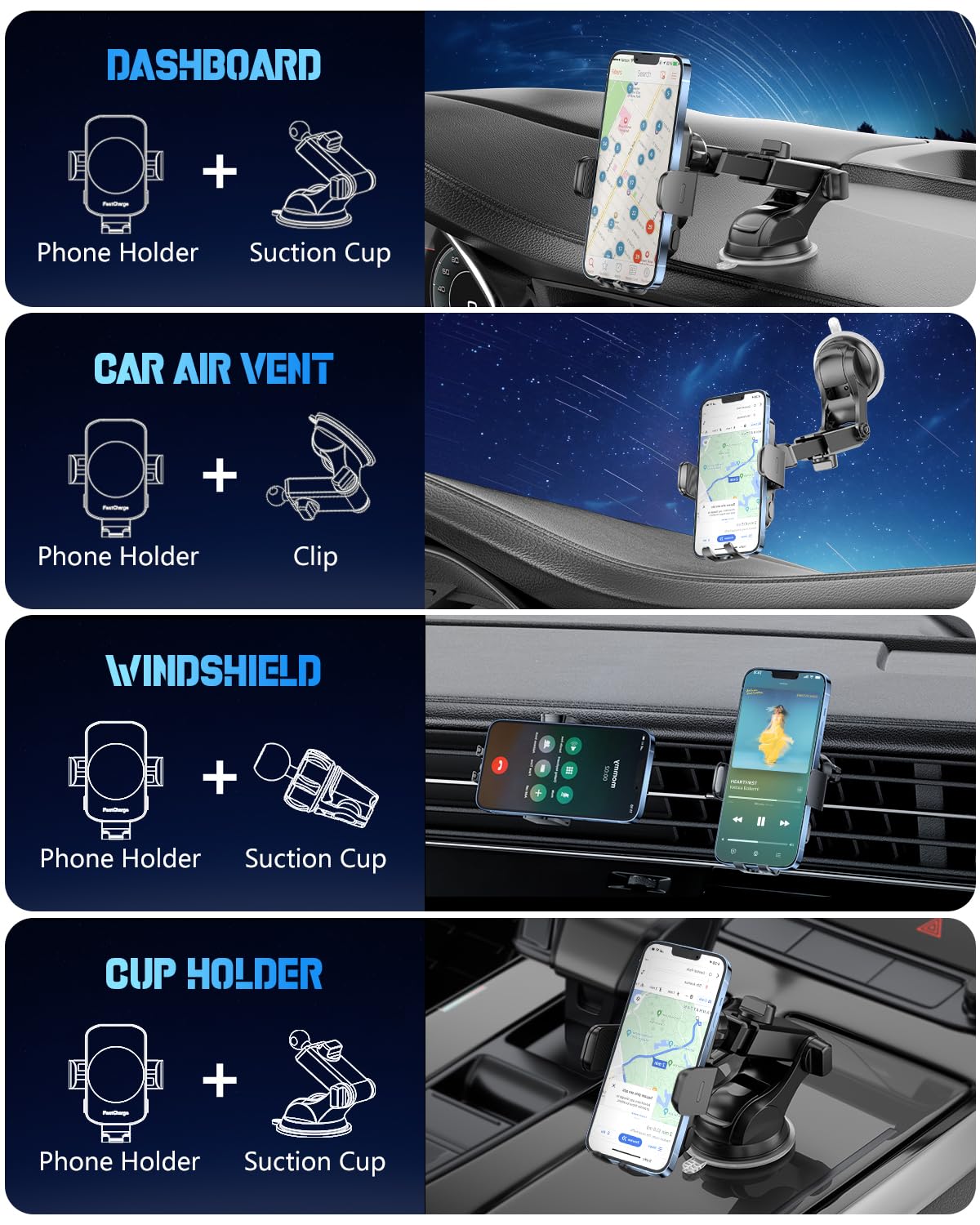 Wireless Car Charger, Fast Charging Phone Holder BothLin 3 in 1 Phone Mount Auto Clamping Car Accessories Compatible with iPhone 15 14 13 12 11 Xs XR, Samsung S23 Ultra S22 S21 S20/S10+ S9+ Note 9