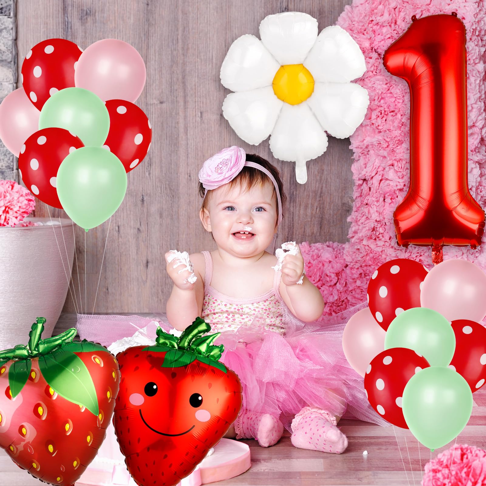 Auidy_6TXD 19Pcs Strawberry Balloons, Strawberry Birthday Decorations, Berry First Birthday Party Supplies Strawberry First Birthday Decorations for Girl Sweet Fruit Party Supplies