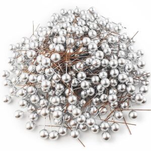 gxxmei 300pcs artificial holly berries, mini 10 mm fake berries decor on wire for christmas tree decorations flower wreath diy craft use (silver)