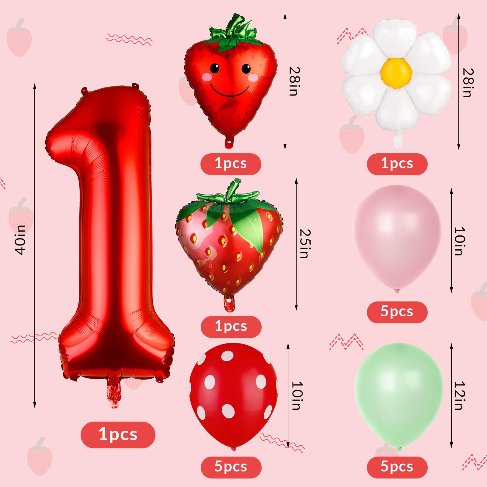 Auidy_6TXD 19Pcs Strawberry Balloons, Strawberry Birthday Decorations, Berry First Birthday Party Supplies Strawberry First Birthday Decorations for Girl Sweet Fruit Party Supplies