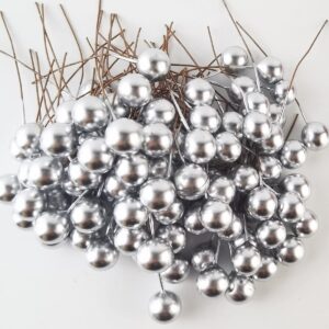 GXXMEI 300PCS Artificial Holly Berries, Mini 10 mm Fake Berries Decor on Wire for Christmas Tree Decorations Flower Wreath DIY Craft Use (Silver)