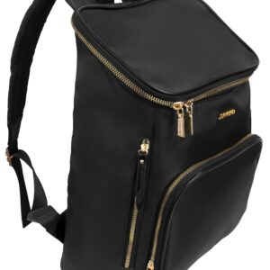 Joan & David Twill Nylon 18" Backpack with Padded Laptop Sleeve, and Luggage Strap with 1 Free TSA Approved Bottle, Fits Up To 15" Inch Laptop (Black)