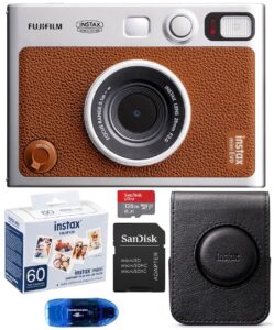 fujifilm instax mini evo hybrid instant camera (brown) bundle, includes: fujifilm instax mini film (60 exposures), sandisk 128gb microsdxc memory card and more (5 items)