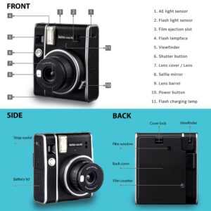 Fujifilm Instax Mini 40 Instant Camera Black, Fuji Mini Film Value Pack 60 Sheets, Vintage Style Carrying Case, Bundle