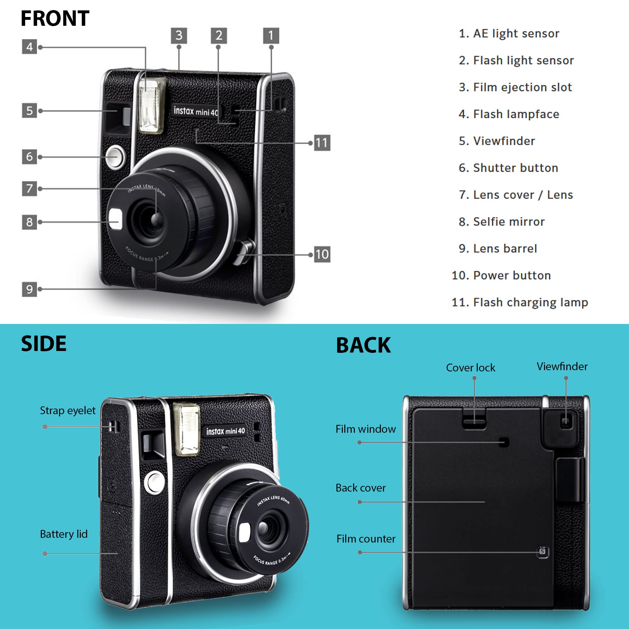 Fujifilm Instax Mini 40 Instant Camera Black, Fuji Mini Film Value Pack 60 Sheets, Vintage Style Carrying Case, Bundle