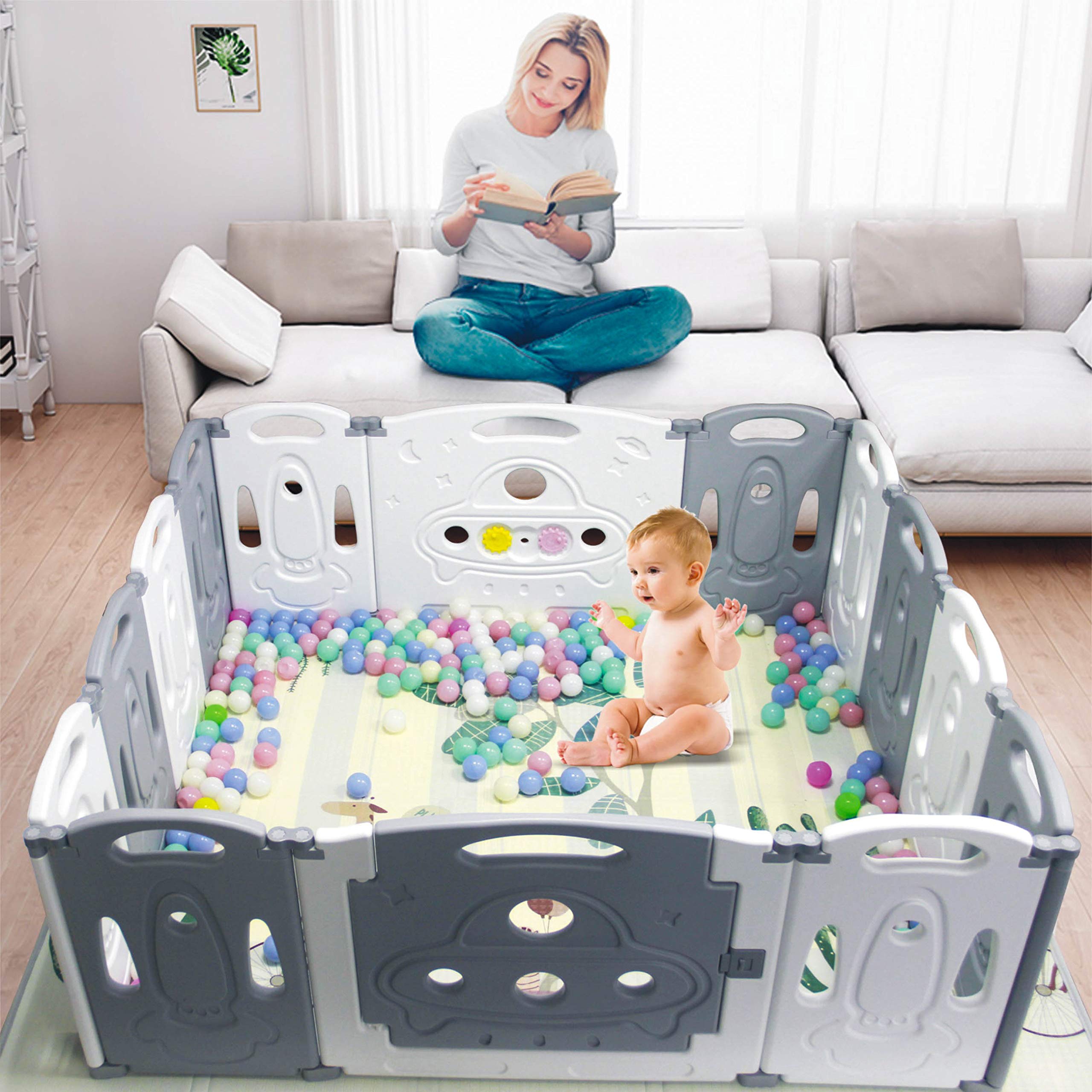 Gupamiga Foldable Baby playpen Baby Folding Play Pen Kids Activity Centre Safety Play Yard Home Indoor Outdoor New Pen 12+2 Panels Toddler Slide Big Game Climbing Slide Toy Set