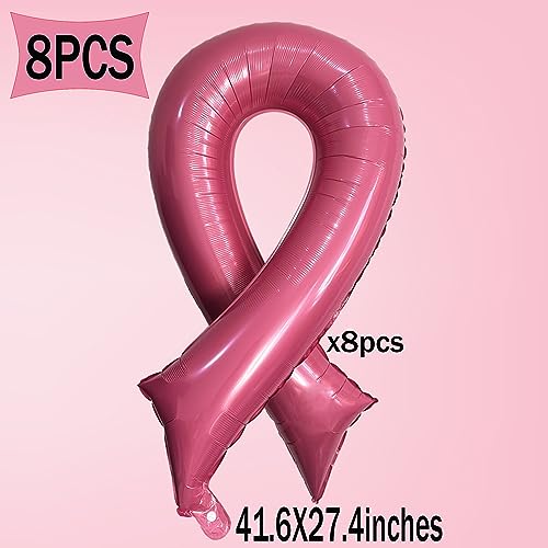 42 Inches Big Pink Ribbon Foil Balloons Breast Cancer Awareness Party Decorations, Pink Breast Awareness Party Supplies (8 Packs)