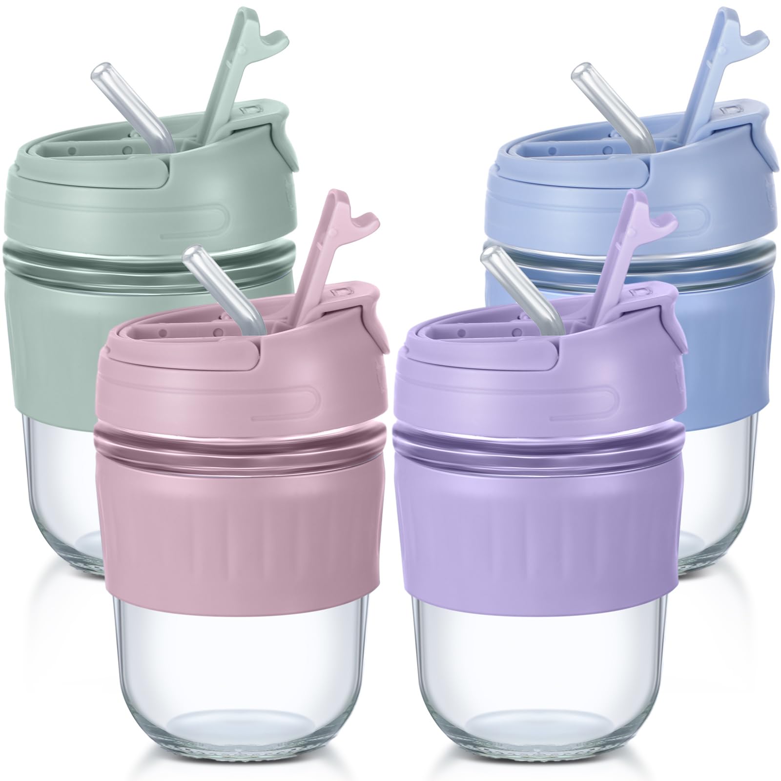 Yaomiao 4 Pieces Kids Toddler Cups, 12 oz Toddler Glass Cups with Silicone Sleeves and Plastic Straws Spill Proof Glass Sippy Cup with Stoppers for Toddlers Baby Food Storage Smoothie, 4 Colors