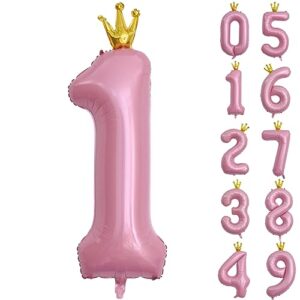 40 inch crown pink number 1 balloons, jumbo light pink number balloon mylar balloons for first birthday, 1st birthday decorations girls, anniversary decorations