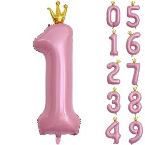 40 Inch Crown Pink Number 1 Balloons, Jumbo Light Pink Number Balloon Mylar Balloons for First Birthday, 1st Birthday Decorations Girls, Anniversary Decorations