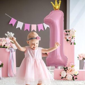 40 Inch Crown Pink Number 1 Balloons, Jumbo Light Pink Number Balloon Mylar Balloons for First Birthday, 1st Birthday Decorations Girls, Anniversary Decorations