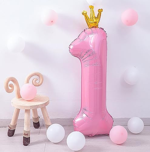 40 Inch Crown Pink Number 1 Balloons, Jumbo Light Pink Number Balloon Mylar Balloons for First Birthday, 1st Birthday Decorations Girls, Anniversary Decorations