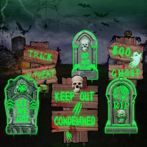 korhonen halloween tombstone yard sign decorations, 6pcs glow in the dark halloween decorations with gravestone rip and beware sign, halloween props for yard garden outdoor halloween party decor