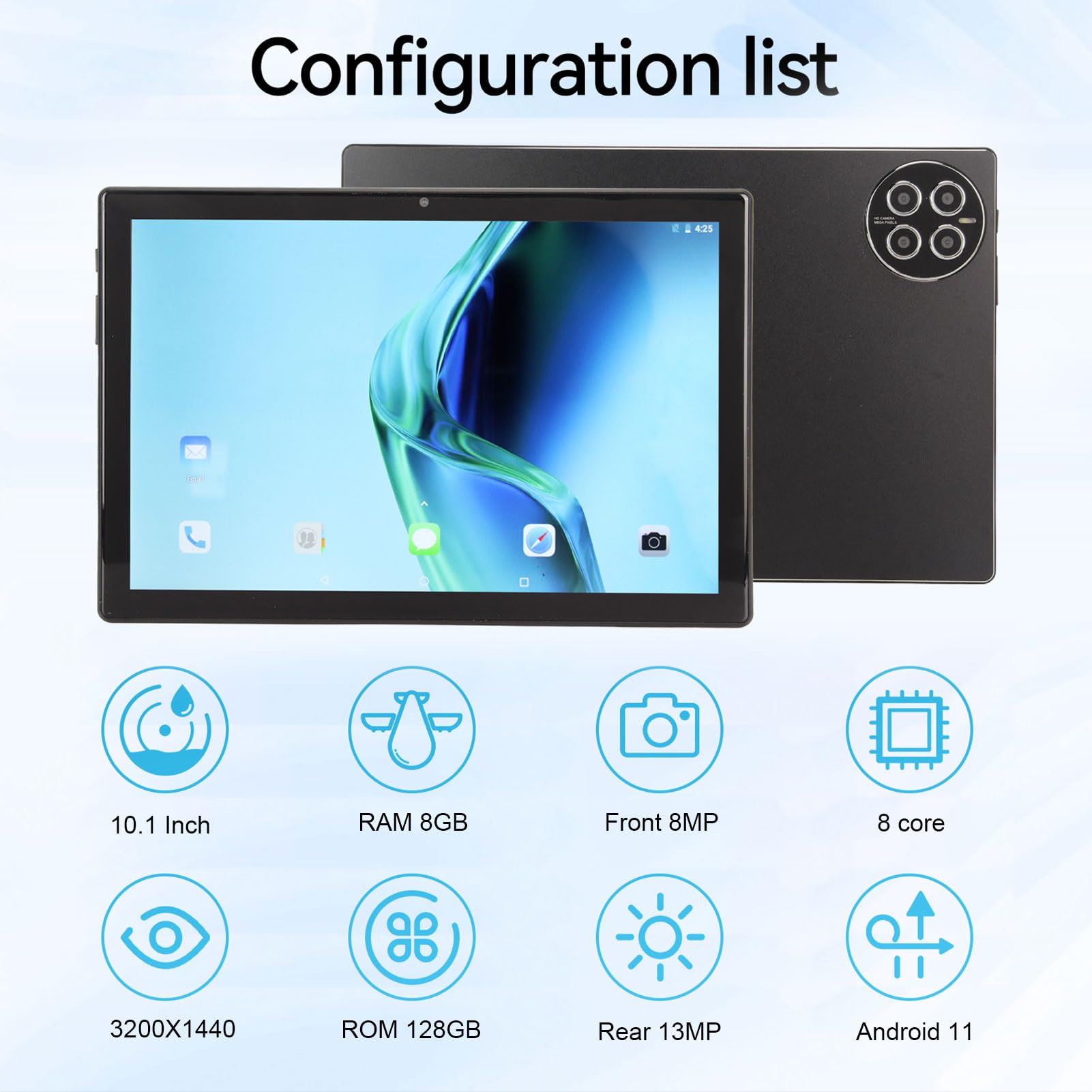 EBTOOLS 10.1 Inch Tablet for Android 11, HD Display Tablet, Octa Core 8GB RAM 128GB ROM, 8MP 13MP Camera, Dual SIM Dual Standby, WiFi BT FM OTG, 8800mAh, Type C (Black)