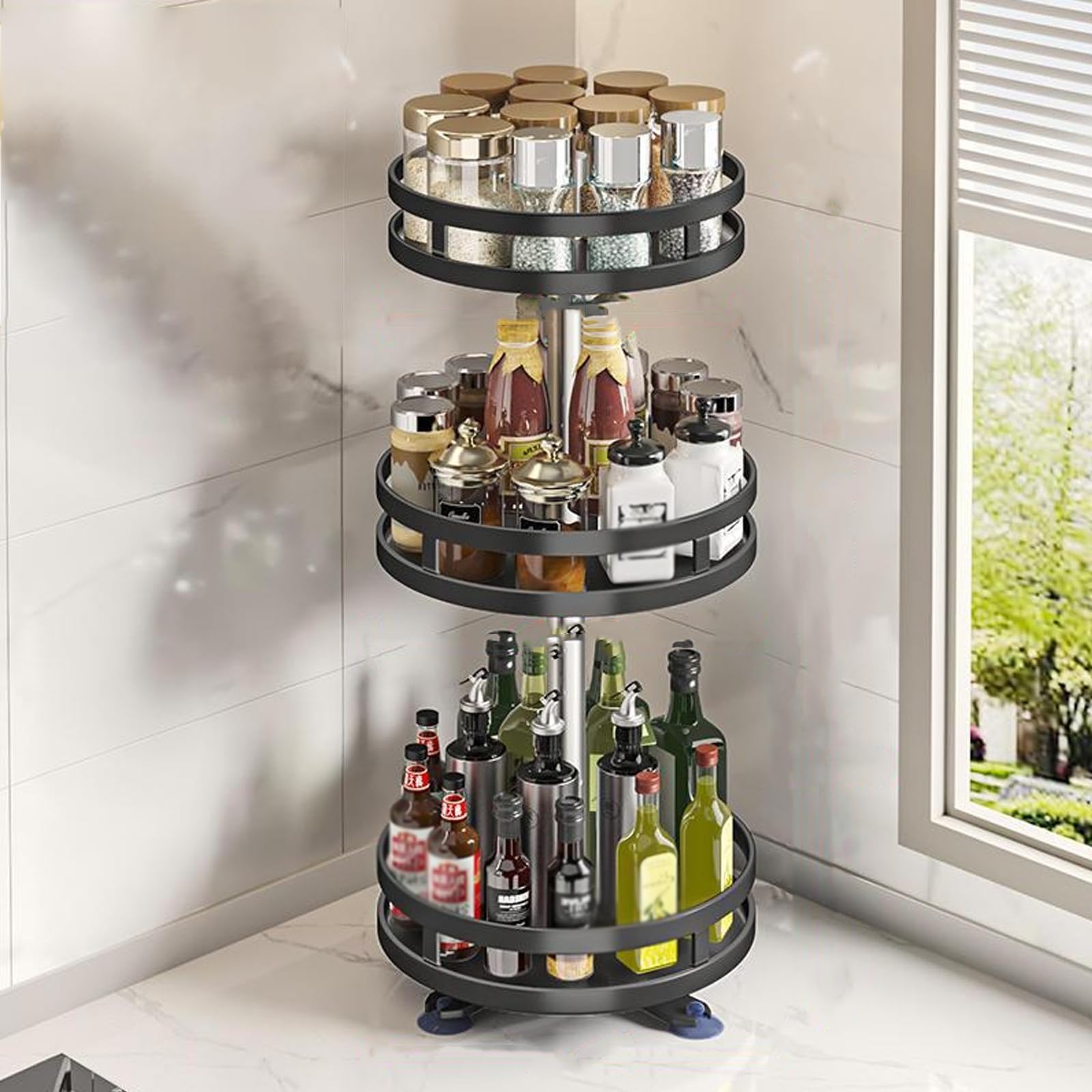 Rotating Spice Rack, Multi-Layer Tier Lazy Susan Turntable, Rotates 360 Degrees, Adjustable Shelves, Double Layer, and A Revolving Design Make it the Perfect Spice Holder (Color : Black, Size : 3 la