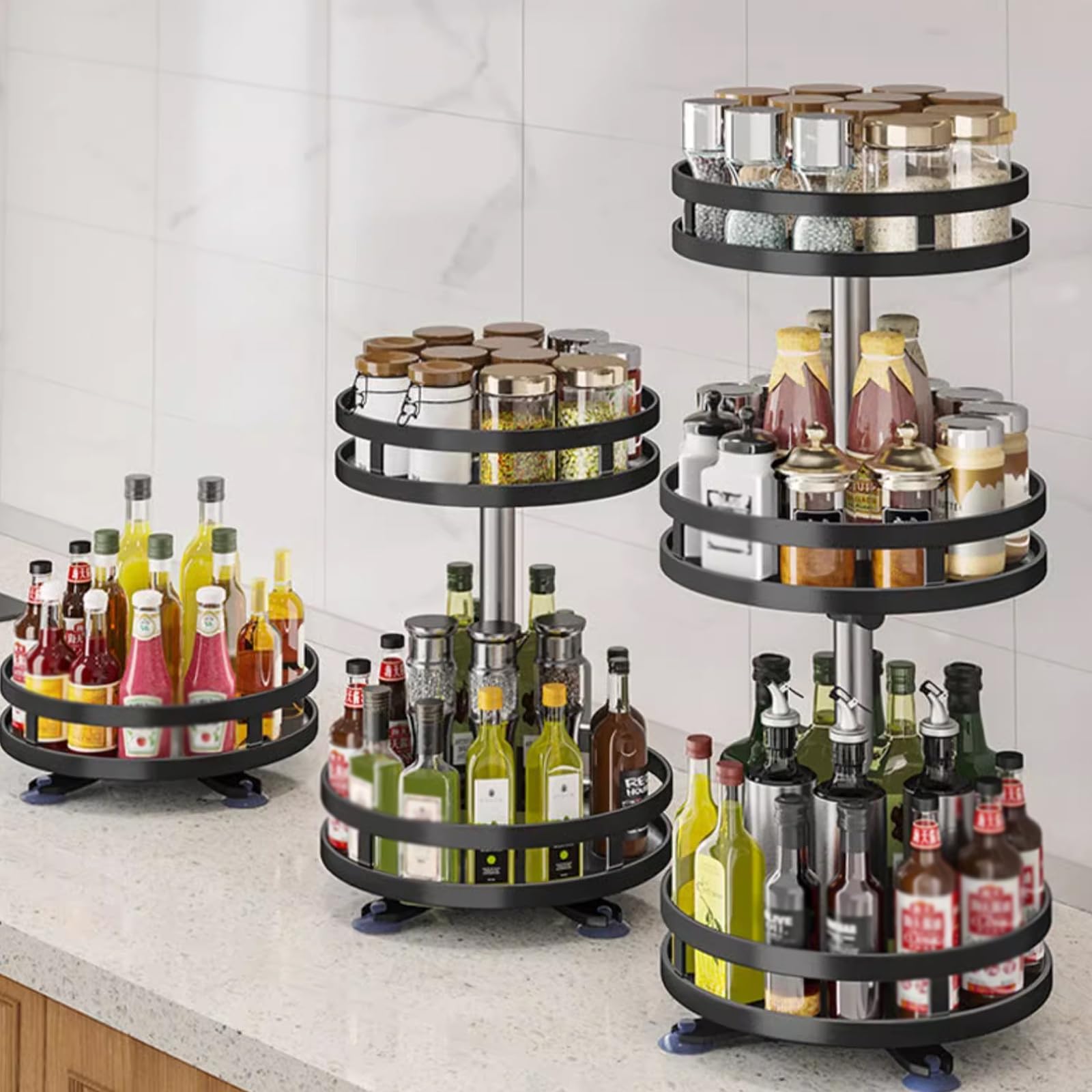 Rotating Spice Rack, Multi-Layer Tier Lazy Susan Turntable, Rotates 360 Degrees, Adjustable Shelves, Double Layer, and A Revolving Design Make it the Perfect Spice Holder (Color : Black, Size : 3 la