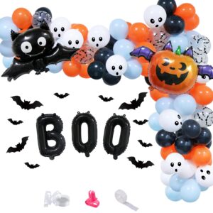 halloween baby shower balloons arch garland kit, blue halloween balloons decor with cute boo bats pumpkin foil balloons for halloween theme boys birthday party spooky one halloween ghost happy boo day