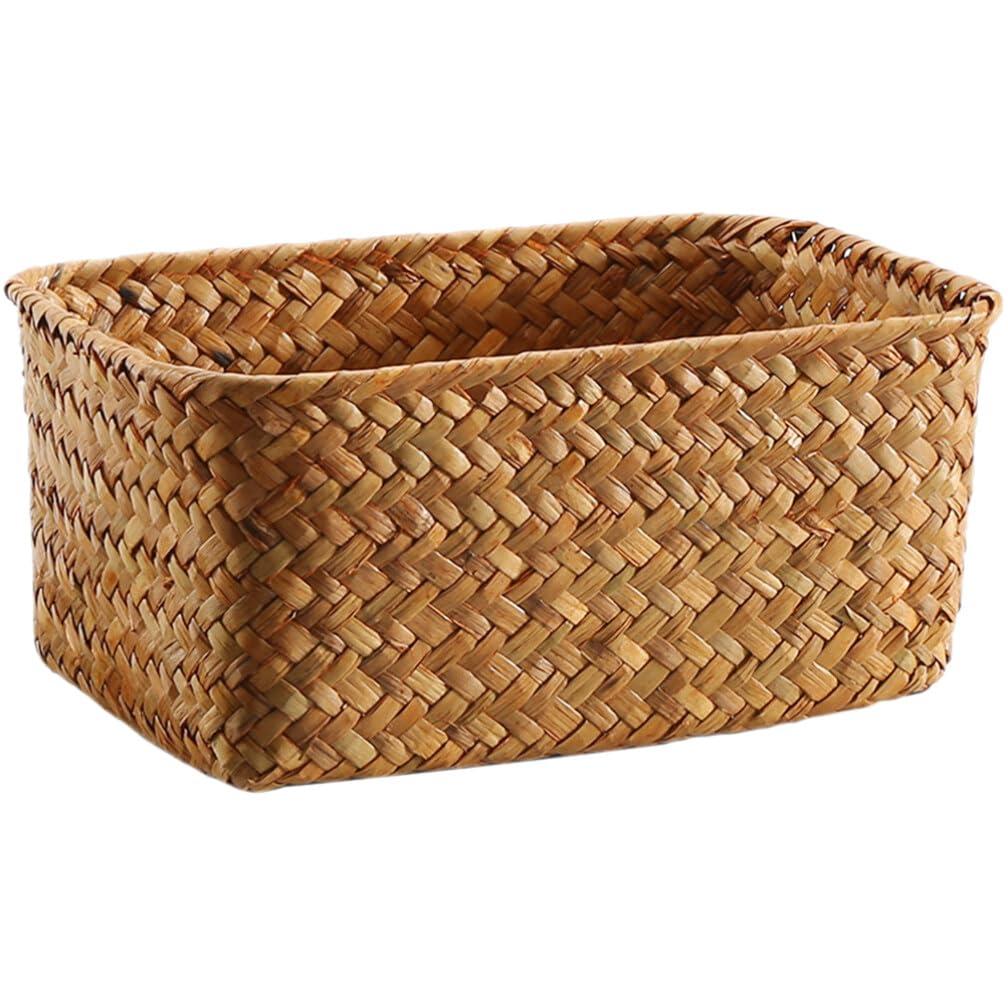 Home Decor Seagrass Storage Baskets Rectangular Wicker Storage Basket Snack Storage Bins Woven Basket Bins Rattan Storage Organizer for Shelf Storage Bins