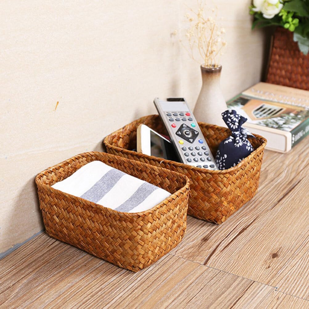 Home Decor Seagrass Storage Baskets Rectangular Wicker Storage Basket Snack Storage Bins Woven Basket Bins Rattan Storage Organizer for Shelf Storage Bins