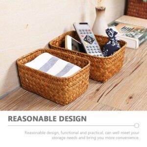 Home Decor Seagrass Storage Baskets Rectangular Wicker Storage Basket Snack Storage Bins Woven Basket Bins Rattan Storage Organizer for Shelf Storage Bins