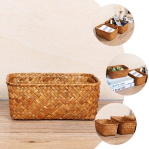 Home Decor Seagrass Storage Baskets Rectangular Wicker Storage Basket Snack Storage Bins Woven Basket Bins Rattan Storage Organizer for Shelf Storage Bins