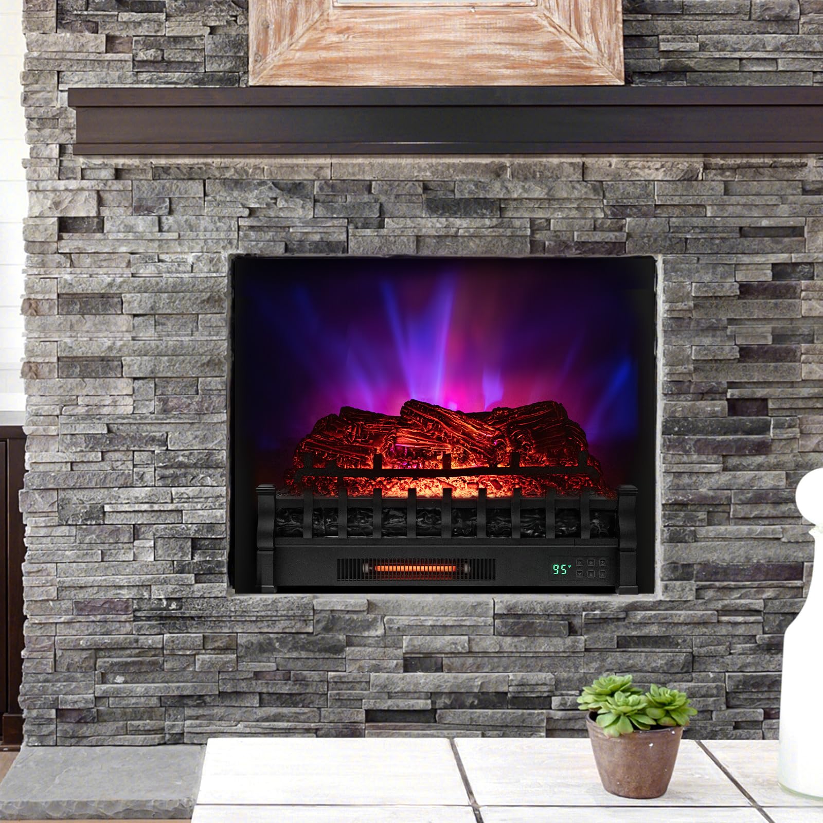 COSTWAY 26-inch Eternal Flame Electric Fireplace Log, Realistic Pinewood Ember Bed, Remote Control, Adjustable Flame Colors, Child Lock, 8H Timer, Infrared Log Heater for Home Decor, 1500W Black