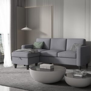 light grey convertible sectional sofa couch,3-seat l-shaped sofa with reversible storage ottoman and pockets,modern linen fabric upholstered sofa furniture sets for living room small space apartment