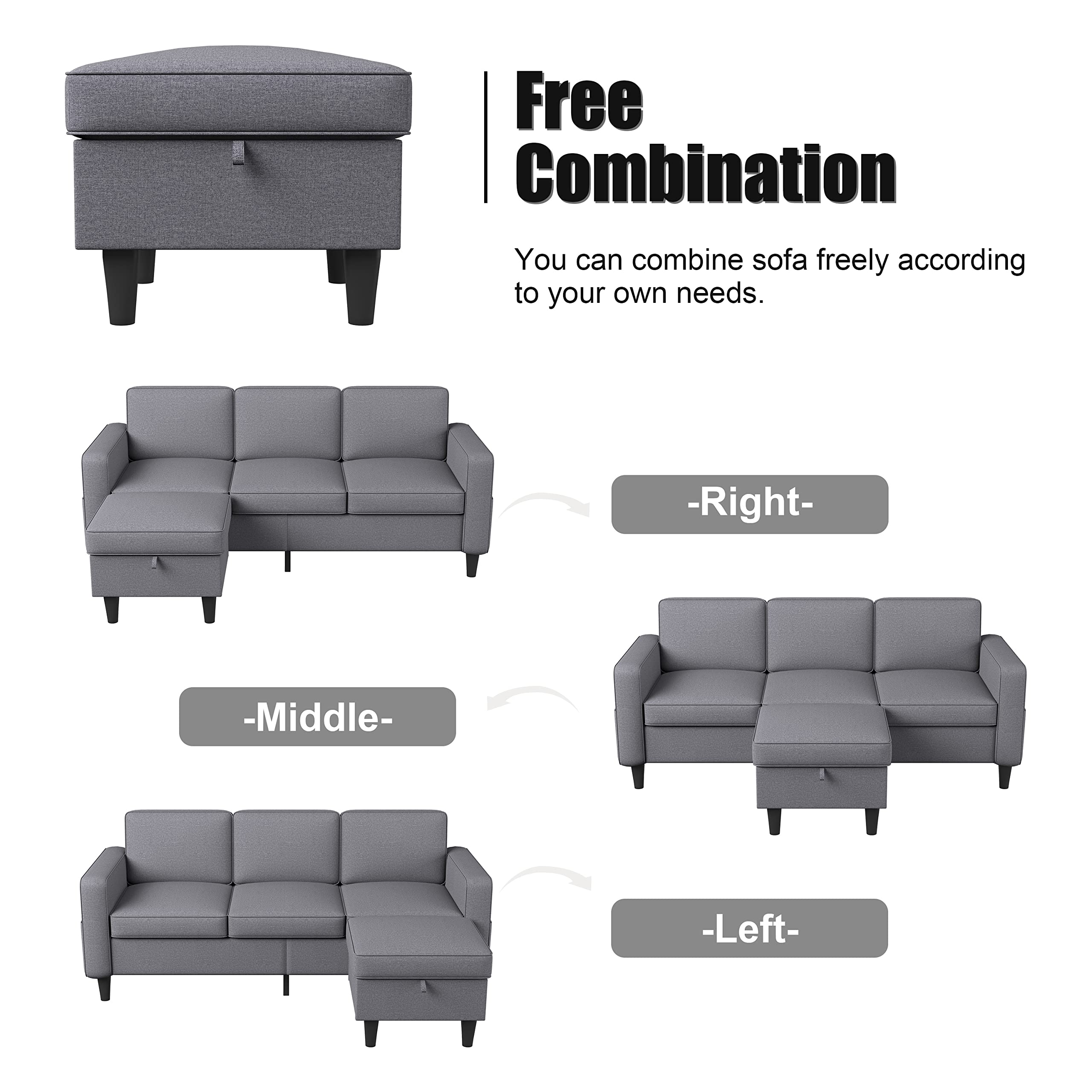 Light Grey Convertible Sectional Sofa Couch,3-Seat L-Shaped Sofa with Reversible Storage Ottoman and Pockets,Modern Linen Fabric Upholstered Sofa Furniture Sets for Living Room Small Space Apartment