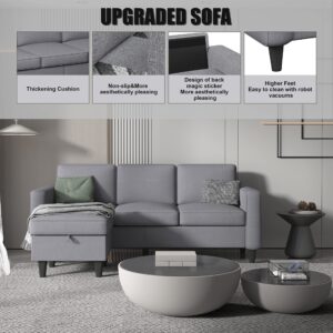 Light Grey Convertible Sectional Sofa Couch,3-Seat L-Shaped Sofa with Reversible Storage Ottoman and Pockets,Modern Linen Fabric Upholstered Sofa Furniture Sets for Living Room Small Space Apartment