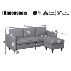 Light Grey Convertible Sectional Sofa Couch,3-Seat L-Shaped Sofa with Reversible Storage Ottoman and Pockets,Modern Linen Fabric Upholstered Sofa Furniture Sets for Living Room Small Space Apartment