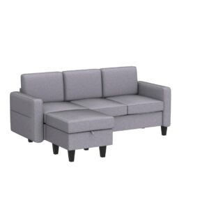 Light Grey Convertible Sectional Sofa Couch,3-Seat L-Shaped Sofa with Reversible Storage Ottoman and Pockets,Modern Linen Fabric Upholstered Sofa Furniture Sets for Living Room Small Space Apartment