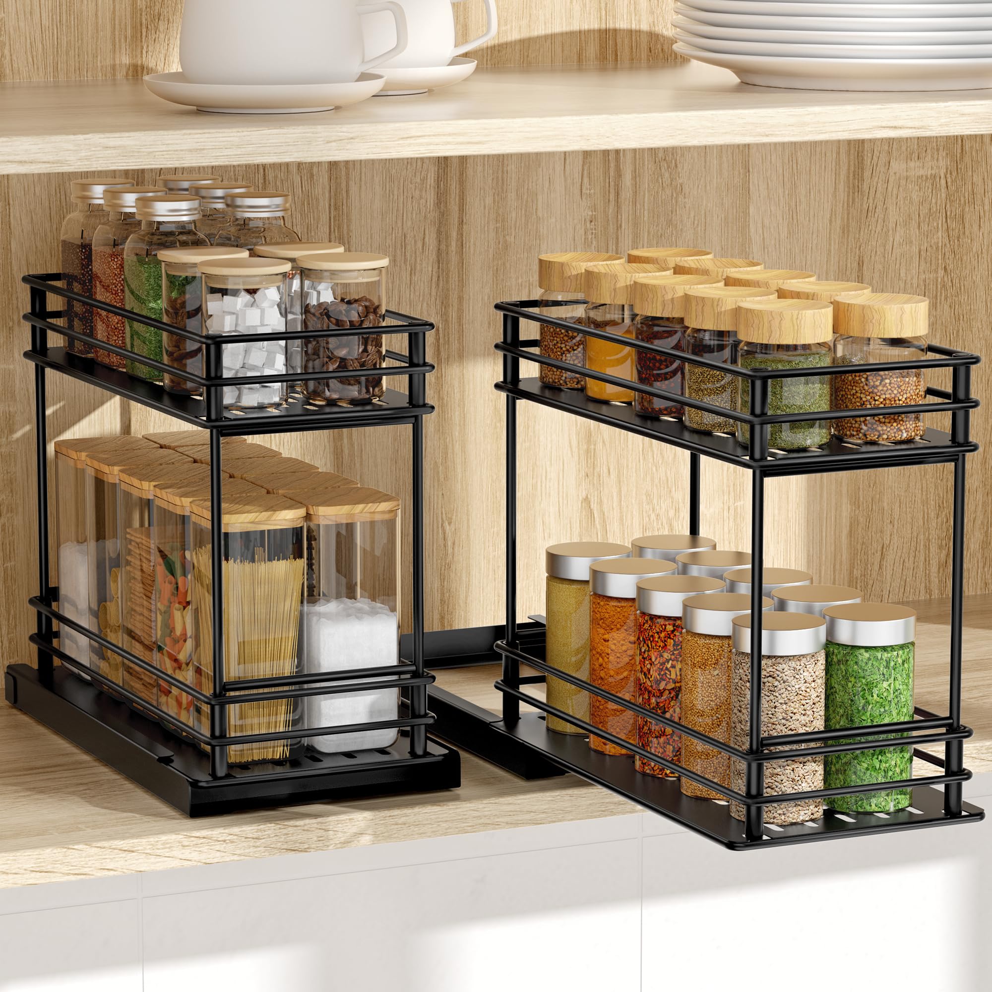 Tikea Spice Rack Organizer 2-Pack, 2-Tier Pull Out Seasoning Rack for Kitchen Cabinet, Spice Drawer Organizer Shelf for Small Space, Condiment Storage, 5.3''W x 10.4''D x 8.9''H