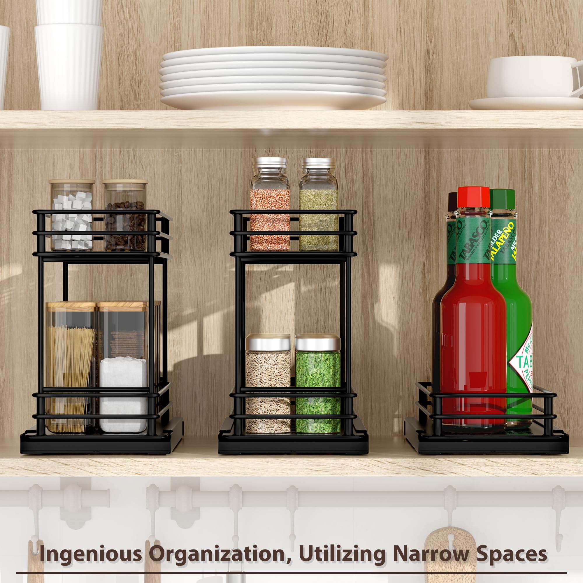 Tikea Spice Rack Organizer, 2-Tier Pull Out Seasoning Rack for Kitchen Cabinet, Spice Drawer Organizer Shelf for Small Space, Condiment Storage, 5.3''W x 10.4''D x 8.9''H