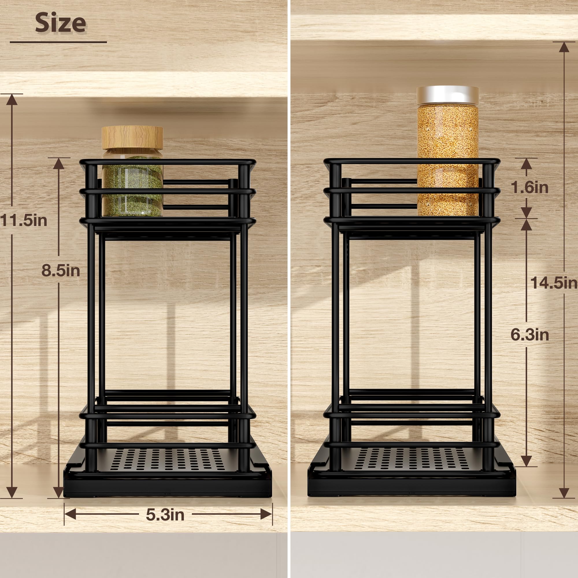 Tikea Spice Rack Organizer, 2-Tier Pull Out Seasoning Rack for Kitchen Cabinet, Spice Drawer Organizer Shelf for Small Space, Condiment Storage, 5.3''W x 10.4''D x 8.9''H