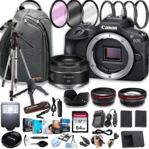 canon eos r100 mirrorless camera with 50mm prime lens + 100s sling backpack + 64gb memory cards, professional photo bundle (40pc bundle) (renewed)