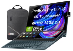 asus zenbook pro duo 15 ux582 15.6" 4k oled touchscreen (intel 14-core i9-12900h, 32gb ddr5 ram, 2tb ssd, geforce rtx 3070 ti) business laptop, screenpad plus, type-c, backlit, pen, win 11 pro, blue