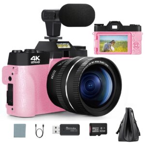 g-anica digital cameras for photography, 4k 48mp video camera, 16x digital zoom vlogging camera for youtube, travel camera with 32gb sd card and wide angle lens macro lens（pink）